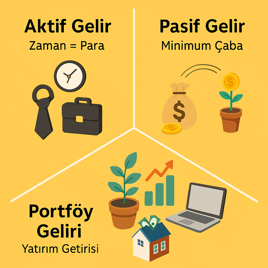 Görsel: Temel Gelir Türleri Olan Aktif, Pasif ve Portföy Geliri