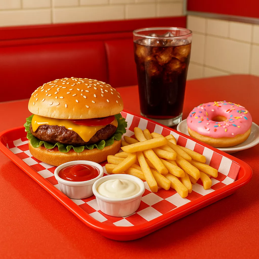 Görsel: Amerika'nın İkonik Yemeği Hamburger, Patates Kızartması, Kola ve Donut Tatlısı