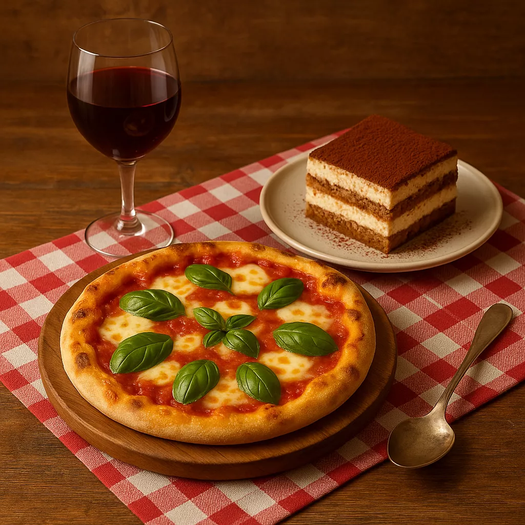 Görsel: İtalya'nın İkonik Yemeği Pizza Margherita, Chianti Şarabı Kadehi ve Tiramisu Tatlısı