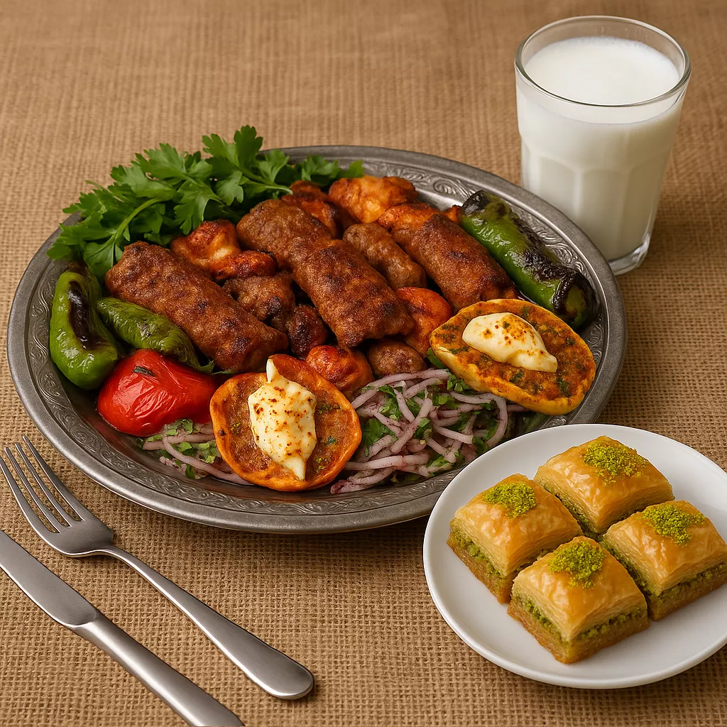 Görsel: Türkiye'nin İkonik Yemeği Kebap, Milli İçeceği Ayran ve Baklava Tatlısı