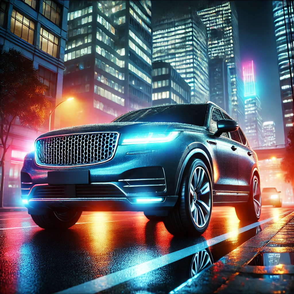 Görsel: Şehrin Neon Işıklı Sokaklarında Gezen Bir SUV