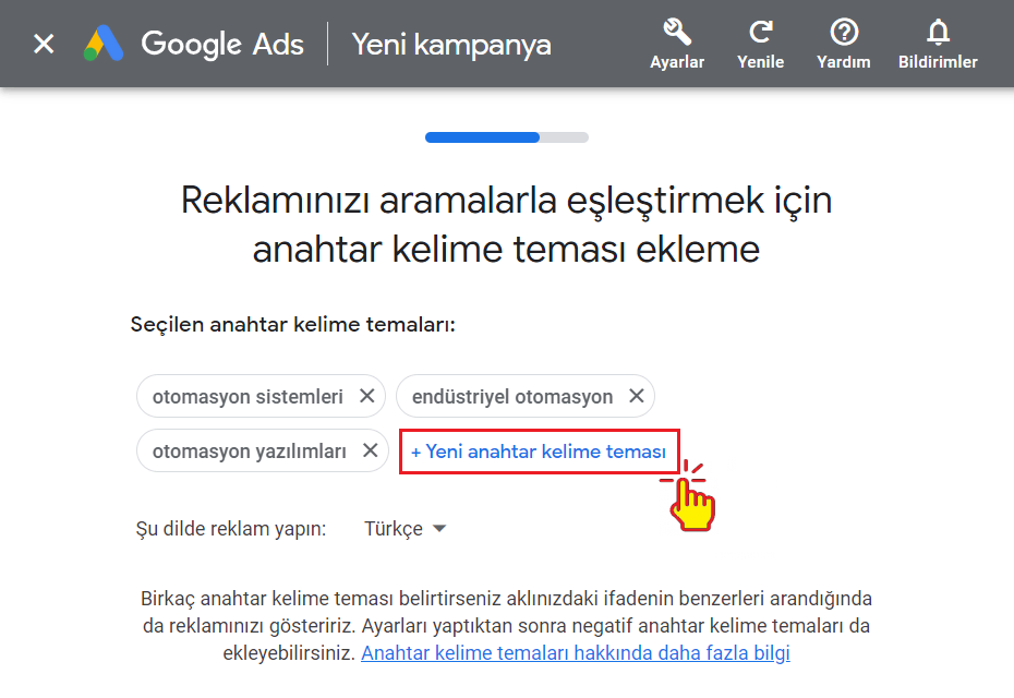 Görsel: Google Ads Kampanyasında Anahtar Kelimeler Eklenmesi