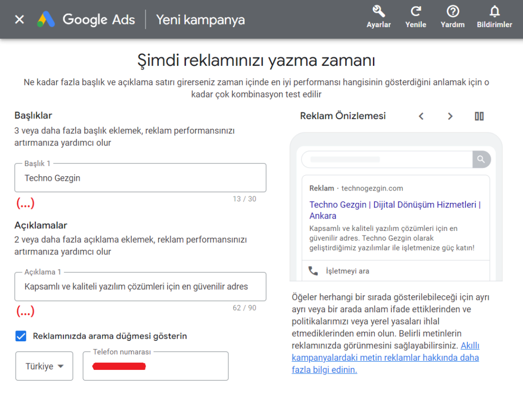 Görsel: Google Ads Kampanyasının Reklam Metnini Yazma