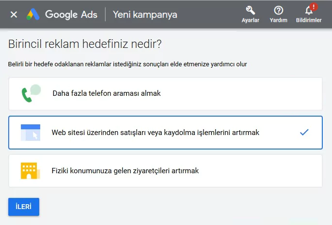 Görsel: Google Ads'te Kampanya Hedefini Belirlemek