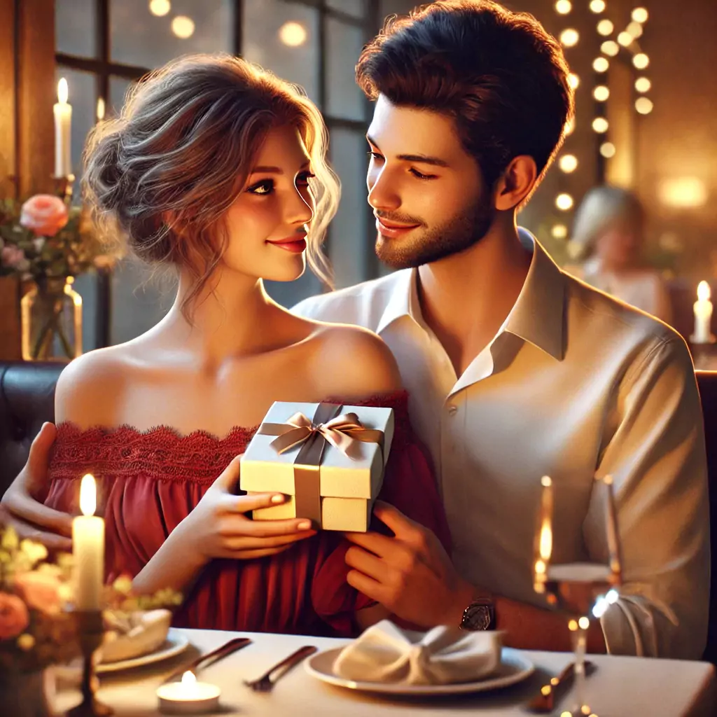 Görsel: Romantik Bir Yemekte Sevgilisine Hediye Veren Bir Kadın