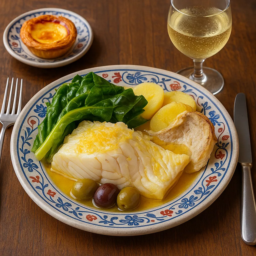 Görsel: Portekiz'in İkonik Yemeği Bacalhau, Vinho Verde Kadehi ve Pastel de Nata Tatlısı