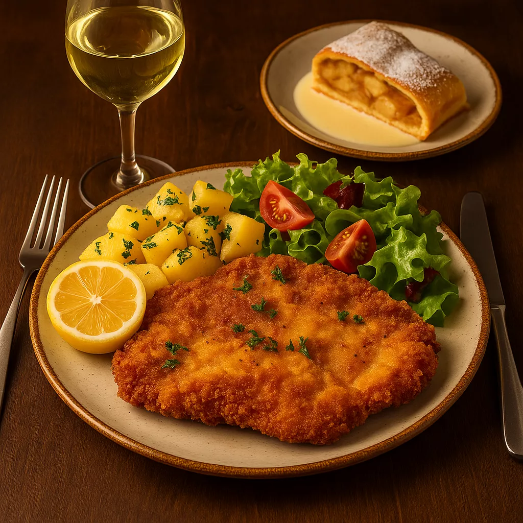 Görsel: Avusturya'nın İkonik Yemeği Wiener Schnitzel, Grüner Veltliner Kadehi ve Apfelstrudel Tatlısı