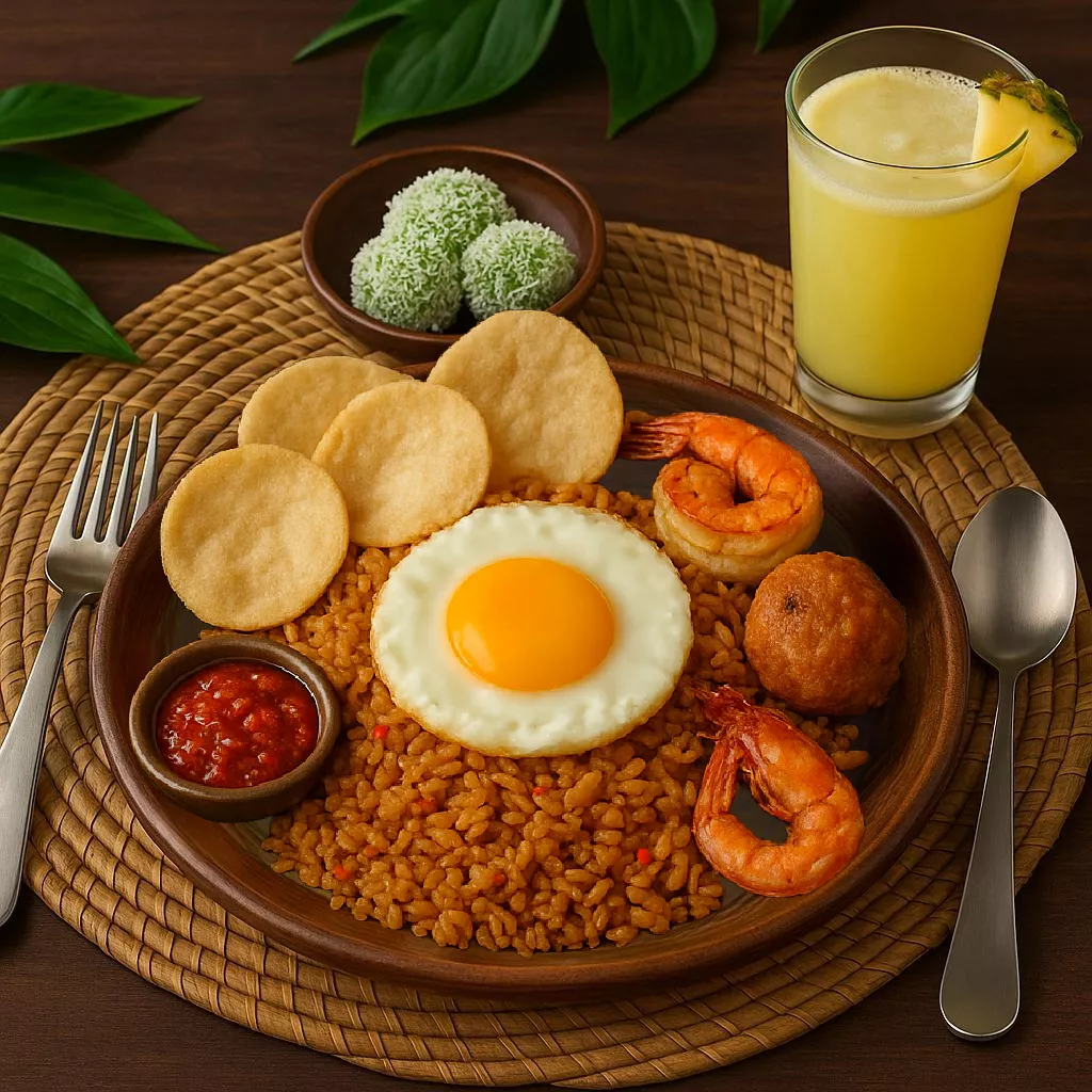 Görsel: Endonezya'nın İkonik Yemeği Nasi Goreng, Tropikal İçecek ve Klepon Tatlısı