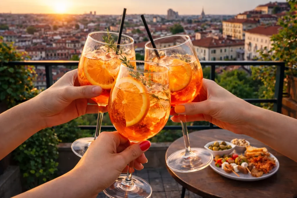 Görsel: Gün Batımında Terasta Aperitivo Kokteyli İle Kadehi Tokuşturma
