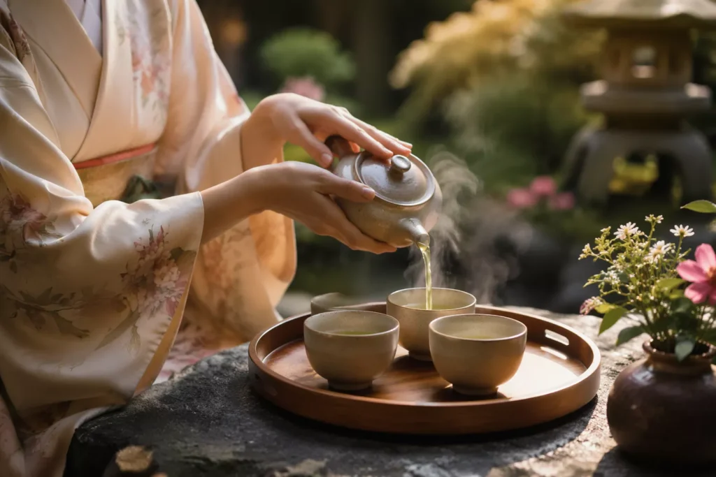 Görsel: Geleneksel Japon Çay Seremonisinde Fincanlara Çay Dökülme Anı