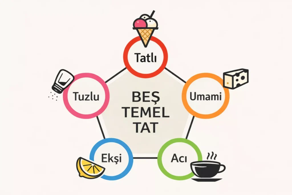 Görsel: Japon Mutfağında Beş Temel Tat Olan Tatlı, Tuzlu, Ekşi, Acı ve Umami