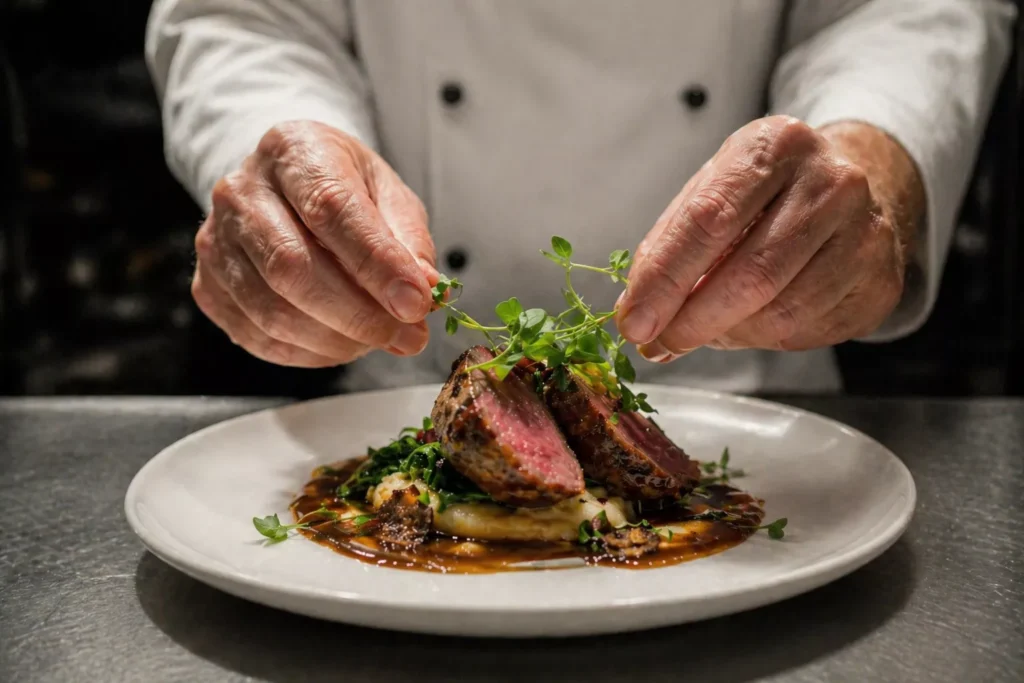 Görsel: Şefin Son Dokunuşlarını Yaptığı Profesyonel Fine Dining Tabağı