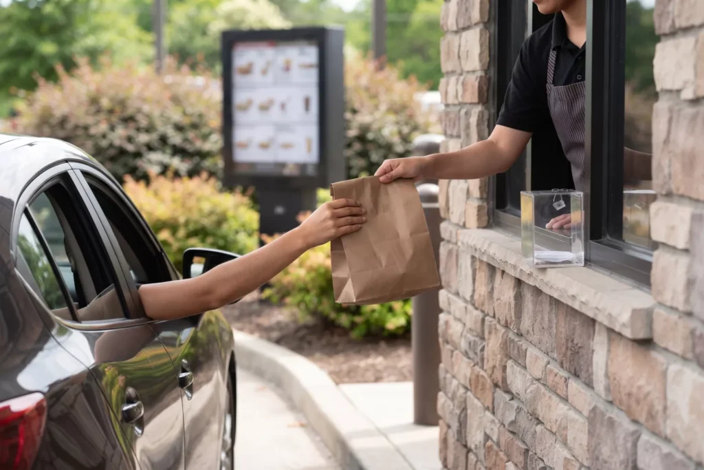 Görsel: Fast-Food Dükkanının Araç Servis Penceresinden Paketli Yemek Teslimi