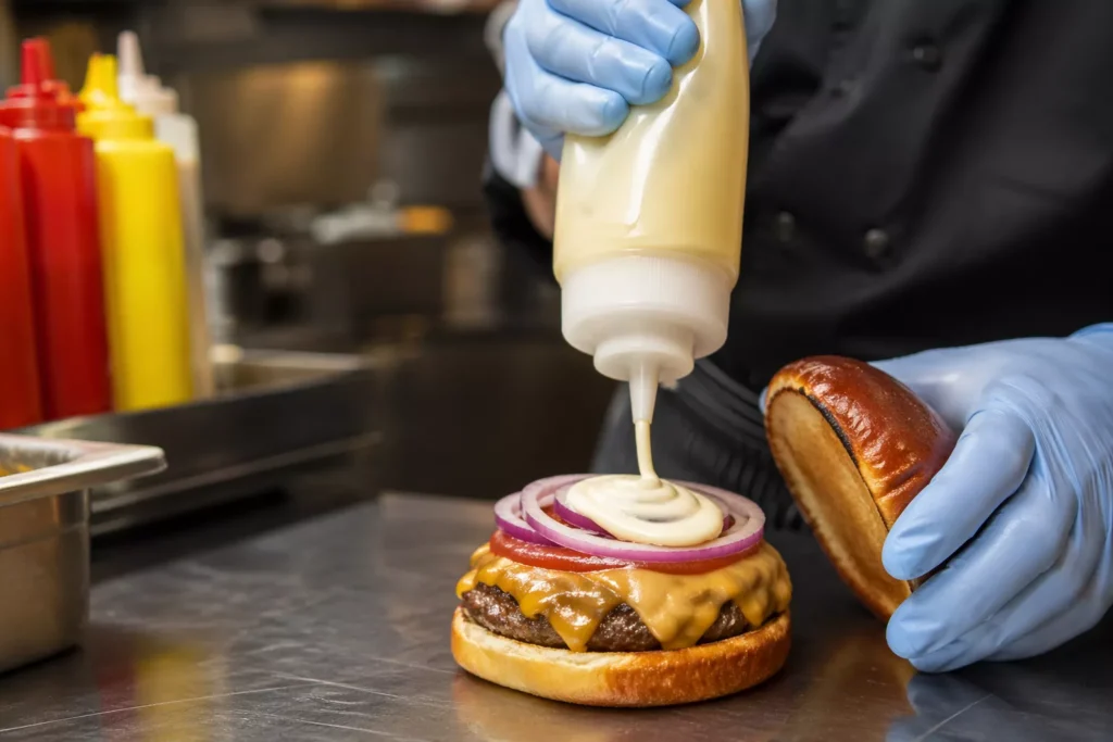 Görsel: Profesyonel Fast Food Mutfağında Hamburger Hazırlayan Aşçı
