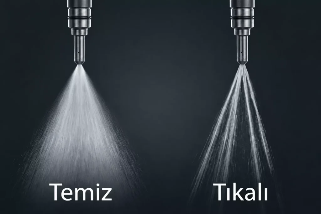 Görsel: Temiz ve Tıkalı Yakıt Enjektörlerinin Püskürtme Desenleri Karşılaştırması