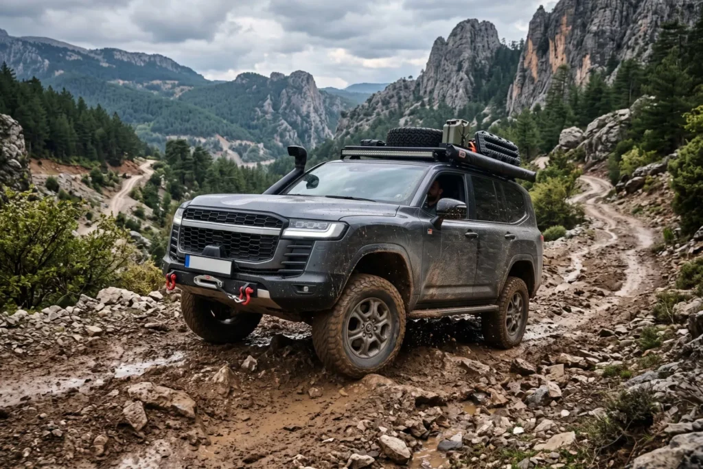 Görsel: Kayalık ve Çamurlu Yolda Off-Road Sürüşü Yapan 4x4 Arazi Aracı