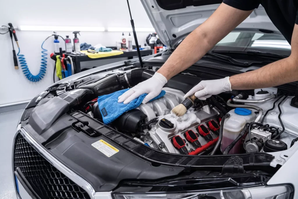 Görsel: Oto Servisinde Profesyonel Motor Bölmesi Temizliği ve Parlatma İşlemi