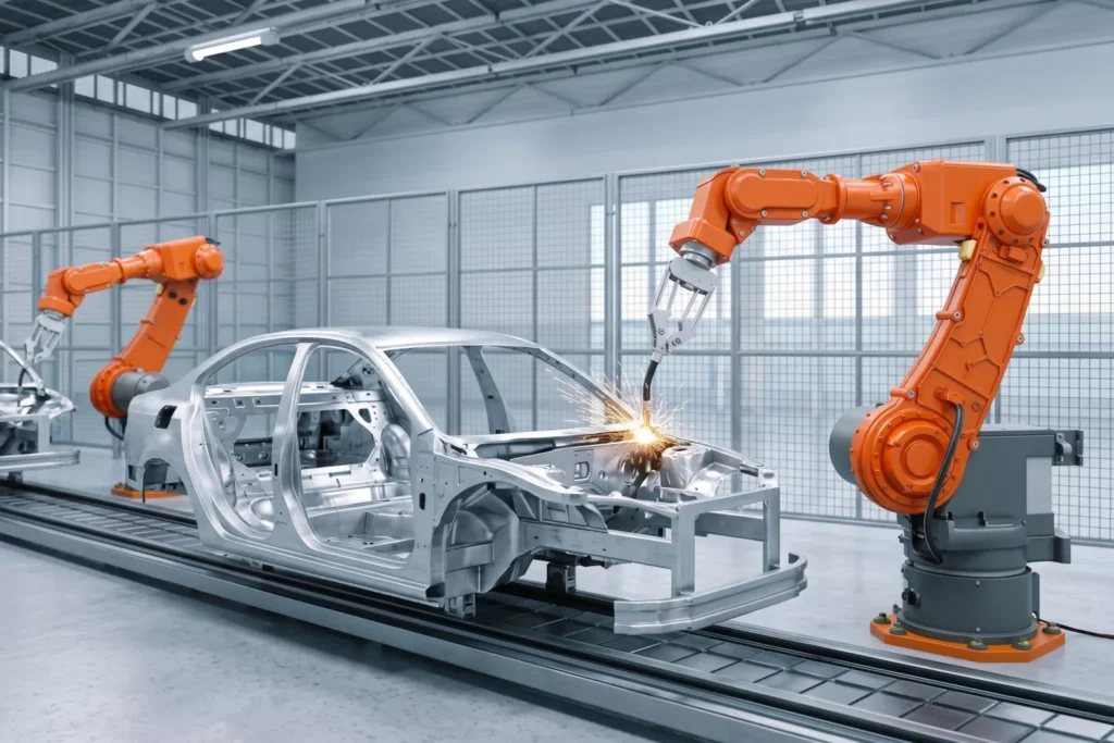 Görsel: Otomotiv Fabrikasındaki Üretim Hattında Robotlarla Endüstriyel Otomasyon